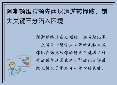 阿斯顿维拉领先两球遭逆转惨败，错失关键三分陷入困境