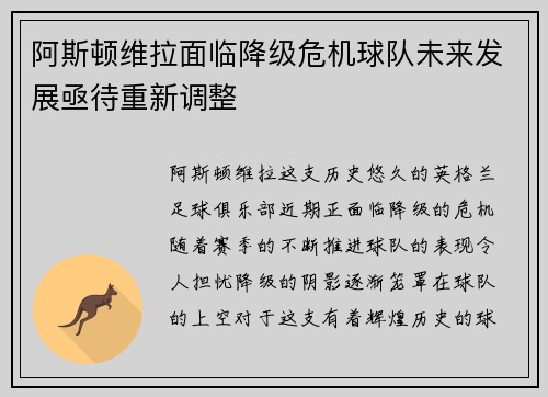 阿斯顿维拉面临降级危机球队未来发展亟待重新调整